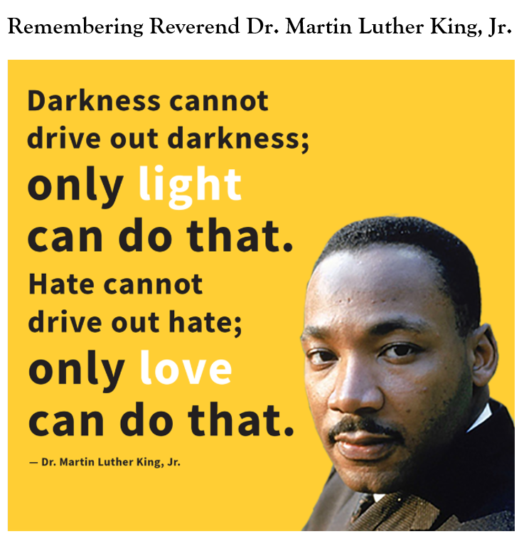 Darkness cannot drive out darkness; only light can do that. Hate cannot drive out hate; only love can do that. -Dr. Martin Luther King, Jr.